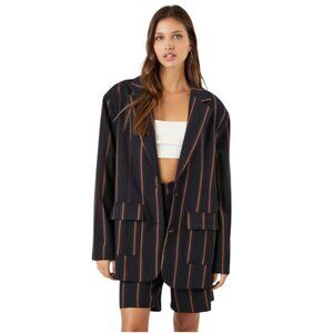 Forever 21 Women's Pinstriped Oversized Blazer Lagen Look Black Sz Med